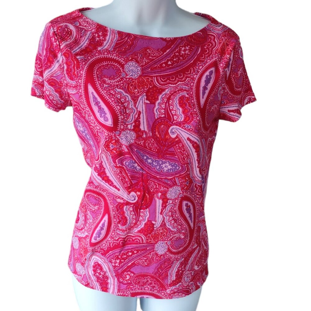 Jones New York Signature Boat Neck Tee Shirt Colorful Paisley Size S